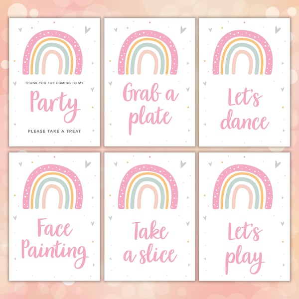 A4 Girls Birthday Party Rainbow Table Signs UNFRAMED PRINTS, Printed Party Favours Sign, Thankyou for coming to my party, grab a plate slice