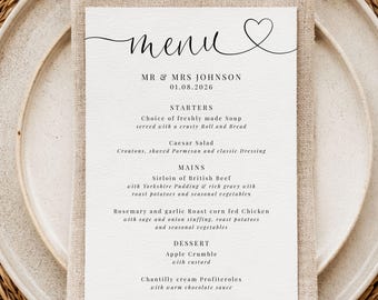 PERSONALISED A6 Black and White Menu Place Settings Monochrome Printed Menu Wedding Stationery Wedding Day Table Print Cards Place Setting