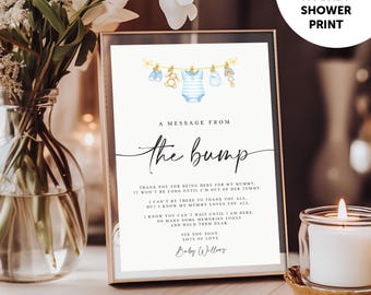 Personalised A Message from the Bump Sign, Blue Baby Boy Clothes Line Baby Shower UNFRAMED A4 PRINT for baby Shower, A Message Sign Bump