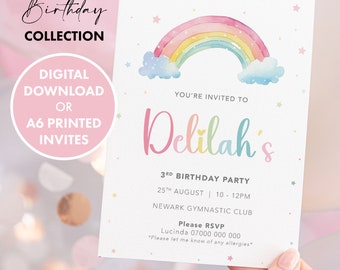 PERSONALISED Rainbow Girls Birthday Invitation DIGITAL DOWNLOAD, Birthday Invite, Party Invite, Girls Personalised Birthday Invitation