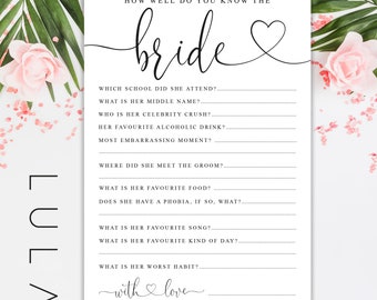 A5 PRINTED Hen Party Games, How Well Do You Know The Bride Quiz, Bride to Be, Funny Games Night in or out Weekend Away Bachelorette Hen Game