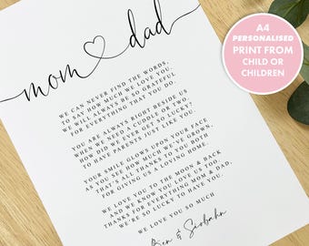 PERSONALISED Mom and Dad Poem A4 A5 PRINT Gift Mom and Dad, Poem Gift for Parents, Thank you Mom and Dad, Parents Print from children child