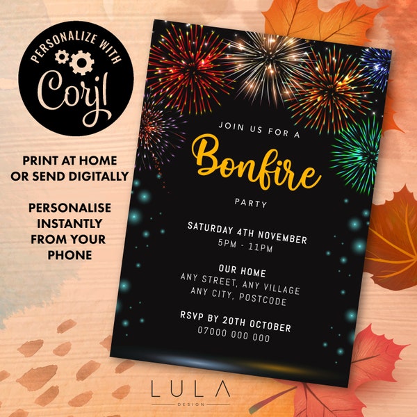 EDITABLE Bonfire Firework Party Invitation, Edit and print at home, Digital Invite, Instant Editable Template Bonfire Invite Guy Forks Party