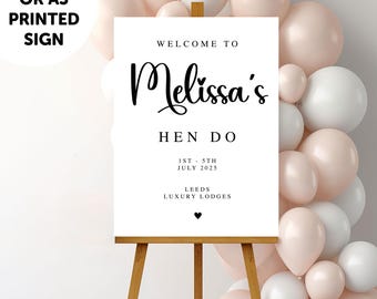 PERSONALISED A1 A2 or A3 Black and White Hen do PRINTED Welcome Sign or DIGITAL download Elegant Hen Do Welcome Sign hen do signage decor