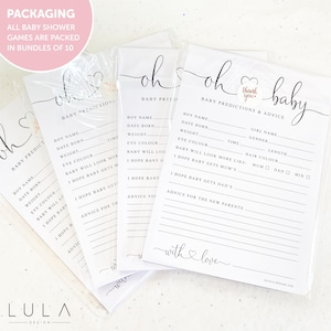 Oh Baby Predications & Advice Minimalistic Baby Shower Game Printed A5 Cards. A great fun game to use for a baby shower.