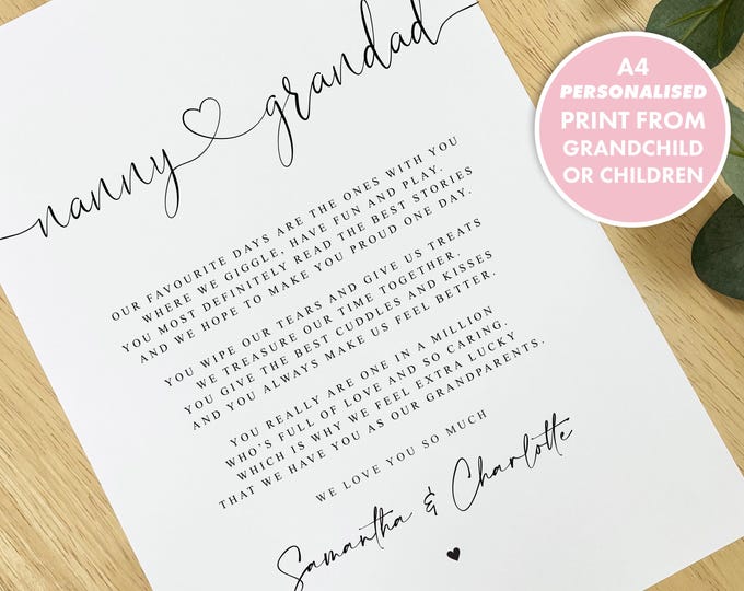 Featured listing image: PERSONALISED NANNY and Grandad Poem A4 PRINT, Nanny and Grandad Gift, Grandparent Poem, Gift for Grandparents, Grandparent Christmas Gift
