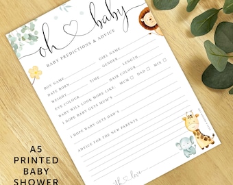 Safari Jungle Theme Oh Baby! Baby Shower Predictions Printed A5 or A4 Cards, Unisex Baby Shower Game, A5 Baby Shower Prediction Card Game