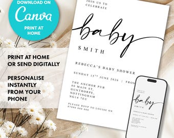 PERSONALISED Minimal Baby Shower Invitation instant DIGITAL DOWNLOAD, Baby Shower Invite, Printable Baby Sprinkle Canva Template