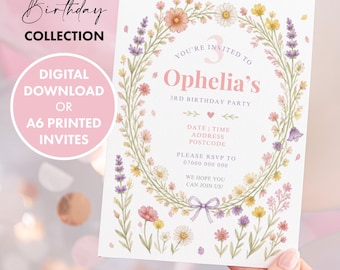 PERSONALISED Printed Wildflower Girls Birthday Invitation or DIGITAL DOWNLOAD, Birthday Party Invite with Kraft Envelopes Birthday Invites