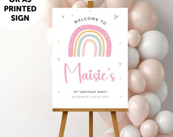 Letrero personalizado de fiesta de cumpleaños de arcoíris para niñas, IMPRESO o descarga DIGITAL, letrero de bienvenida para fiesta de arcoíris, decoración de arcoíris para cumpleaños de niñas