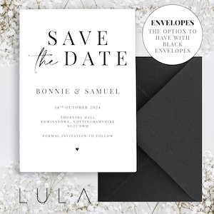 PERSONALISED A6 Black and White Save The Date Printed Invitations Monochrome Save The Dates Typography Save the Dates Printed with Envelopes