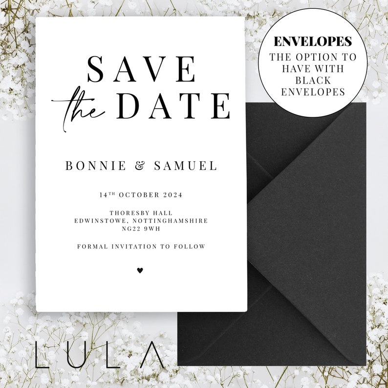 PERSONALISED A6 Black and White Save The Date Printed Invitations Monochrome Save The Dates Typography Save the Dates Printed with Envelopes