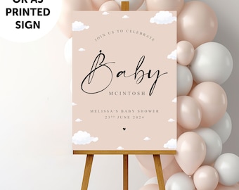 PERSONALISED Beige Baby Shower Sign PRINTED or DIGITAL download, Beige Unisex Baby Shower Party Baby Welcome Sign, Beige Taupe Baby Shower