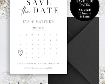 PERSONALISED A6 Black and White Save The Date Month Calendar Style with heart Printed Monochrome Save The Dates with Optional Envelopes