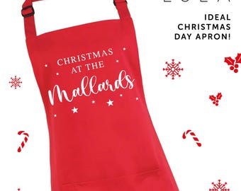 PERSONALISED Christmas at the surname Printed Aprons Matching Child Kids Adult Sizes, Personalised Christmas Gift, Christmas Apron Surnames