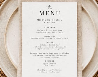 PERSONALISED A6 Black and White Menu Place Settings Monochrome Printed Menu Wedding Stationery Wedding Day Table Print Cards Place Setting