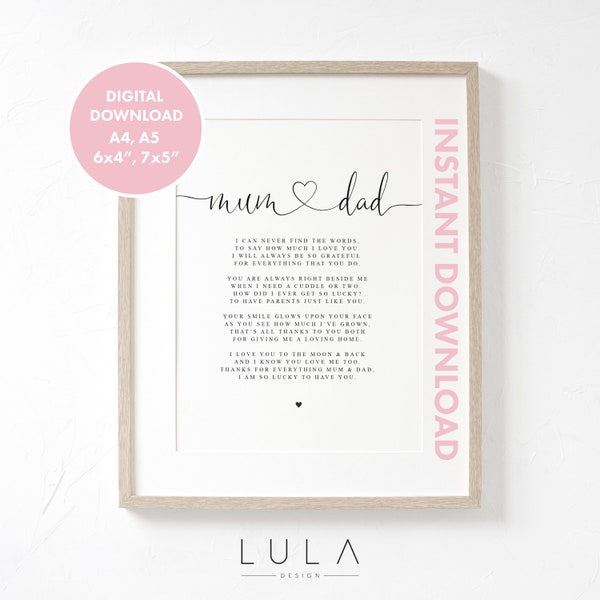 DIGITAL DOWNLOAD Mum and Dad Poem from Child, Gift for Parents, Thankyou Mum and Dad, Poem Gift for Parents from child, Christmas Gift