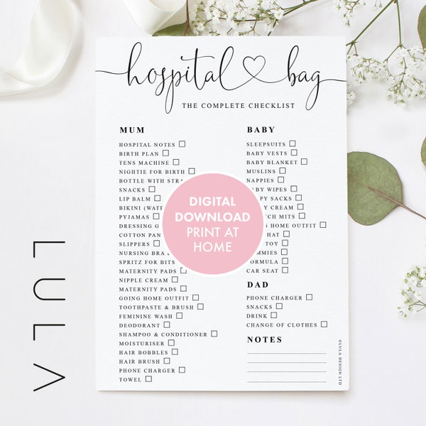 PRINTABLE Hospital Bag Complete Checklist, Print at home Birth Checklist, Download Hospital Bag List, Mum and Baby List for Hospital