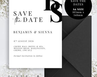 A6 PERSONALISED Black and White Save The Date Monogram Printed Invitations Monochrome Save the Dates Printed with Optional Envelopes