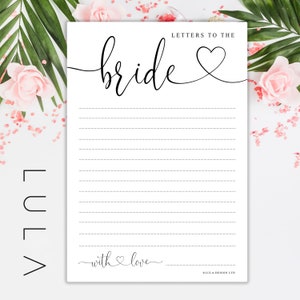 May include: Printable "Letters to the Bride" card with a black and white design. The card has a cursive font and a heart symbol. The text "with love" is at the bottom of the card.