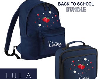 PERSONALISED Strawberry and Daisy Flowers PreSchool Nursery School Girls School Bag Lunch Box with Name, Personalised Girls School Backpack