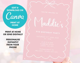 PERSONALISED Canva Template Pink Bow Girls Birthday Invitation INSTANT DOWNLOAD, Birthday Invite, Party Invite, Girls Birthday Invitation