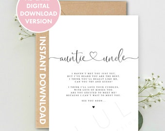DIGITAL DOWNLOAD Auntie and Uncle to be Poem card from Bump, Pregnancy Announcement Printable, Print at home Pregnancy Announcement Card