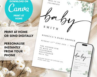 PERSONALISED Eucalyptus Baby Shower Invitation instant DIGITAL DOWNLOAD, Baby Shower Invite, Printable Baby Sprinkle Canva Template