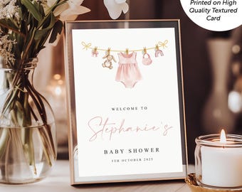 PERSONALISED Pink Baby Girl Clothes Line Baby Shower Sign PRINTED or DIGITAL download Baby Clothes Line Baby Shower Welcome Sign A4 A3 A2 A1