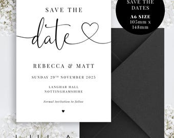 PERSONALISED A6 Black and White Save The Date Printed Invitations Monochrome Save The Dates Printed with Optional Envelopes