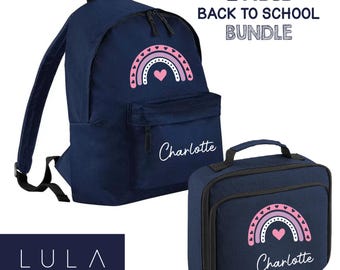 PERSONALISED Pink Lilac Rainbow Heart Girls School Bag Lunch Box with Name Rainbow Nursery Pre-School Backpack and Lunch Bag Back to School