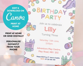 PERSONALISED Softplay Girls Boys Birthday Invitation instant Editable Template Kids Invite Personalised Canva Template Birthday Party Invite