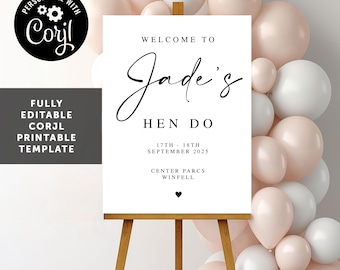 INSTANT Download Printable Hen do PRINTED Welcome Sign DIGITAL Download Elegant Hen Do Welcome Sign hen do signage decor Corjl Sign Template