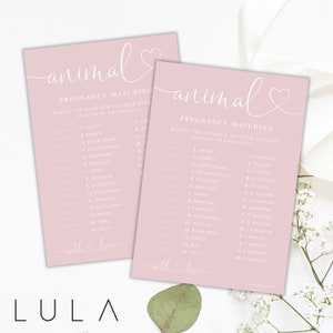 Tier-Schwangerschafts-Gestations-Babyparty-Vorhersage DUSKY PINK Gedruckte A5-Karten, Baby-Mädchen-Babyparty-Partyspiel Gedruckte A5-Karten-Babyparty