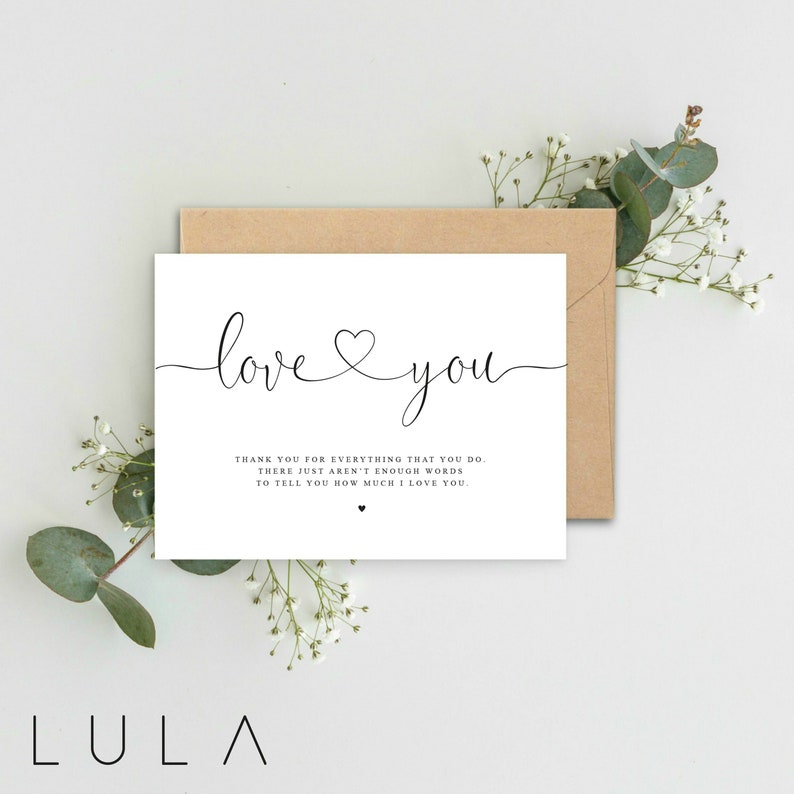 Simplistic Black and White Minimalistic Typography Calligraphy Anniversary Card. Love you & thank you for everything that you do A5 Greeting Card with a Kraft Envelope. Free UK Delivery