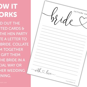 May include: Printable cards with instructions for a "Letters to the Bride" activity. The cards have lined paper for writing letters and the text "Letters to the Bride" with a heart symbol. The text "with love" is at the bottom of the page.