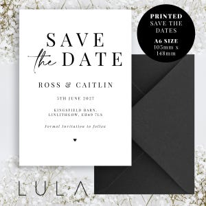 May include: A white Save the Date card with black text, including the names Ross & Caitlin and the date June 5th, 2027. A black envelope is next to the card. The card is A6 size, 105mm x 148mm.