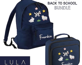 PERSONALISED Little Farm Cute Animals Boys Girls School Bag Lunch Box with Name, Baby Farm Animals School Backpack Farm Back to School