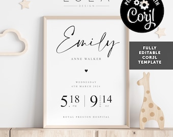 DESCARGA DIGITAL en blanco y negro para niñas y niños: lámina de nacimiento, regalo para bebé, lámina personalizada, recuerdo, regalo para baby shower.