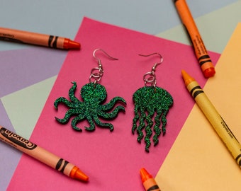 Cute Octopus and Jellyfish Glitter Earrings Mismatched Handmade