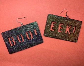 Boo! Cute Halloween Glitter Earrings Mismatched Handmade