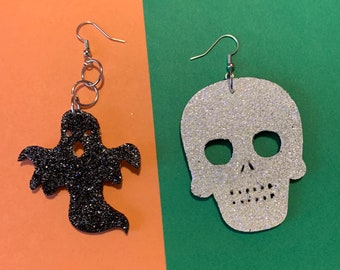 Memento Mori Skull and Ghost Halloween Earrings Glitter Mismatched Reversible Handmade
