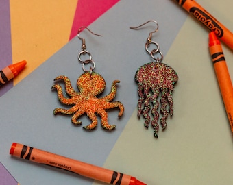 Cute Octopus and Jellyfish Glitter Earrings Mismatched Handmade