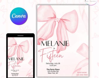 Convite Coquette Quinceañera: Laço Rosa para Festa de 15 Anos (Download Digital do Modelo Canva)