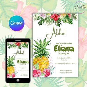 Modèle de toile d'invitation de fête Piña Colada tropicale Aloha • Invitation numérique modifiable • Anniversaire Luau d'été, EVJF imprimable
