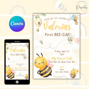 First BEE Day Invitation Editable  | Bumble Bee 1st Birthday Party | Canva Template | Digital Download