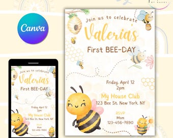 First BEE Day Invitation Editable  | Bumble Bee 1st Birthday Party | Canva Template | Digital Download
