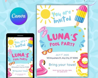 Pool Party Invitation Template: Editable Summer Birthday Invite (Canva PDF Download)