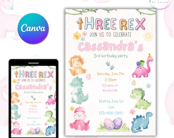 Verjaardagsuitnodiging Three Rex: canvassjabloon dinosaurusfeest (digitale download)