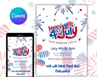 Editable 4th of July Invitation | Patriotic Party Digital Invite | Instant Download Red White & Blue BBQ or Fireworks Celebration